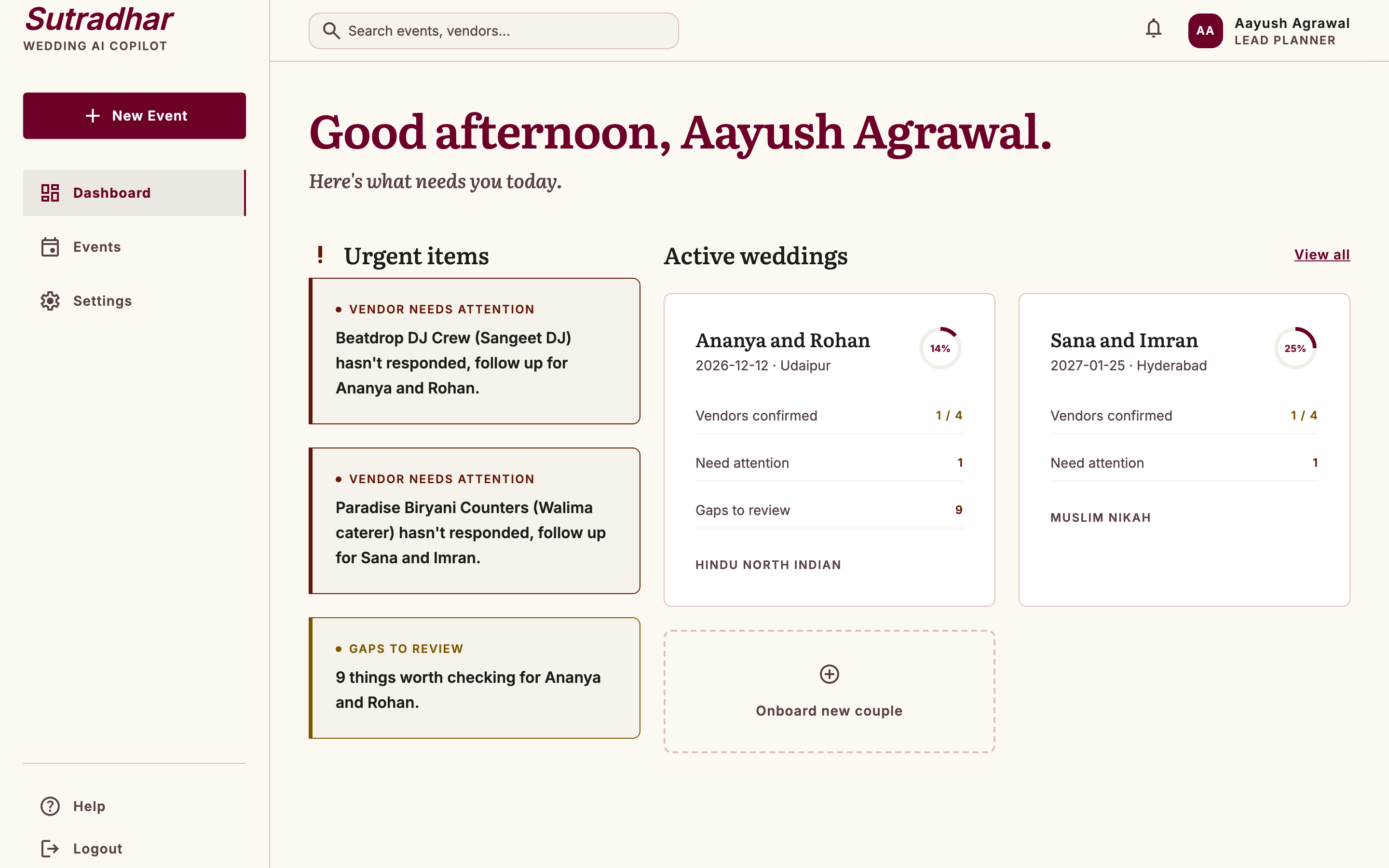 Sutradhar dashboard showing active events