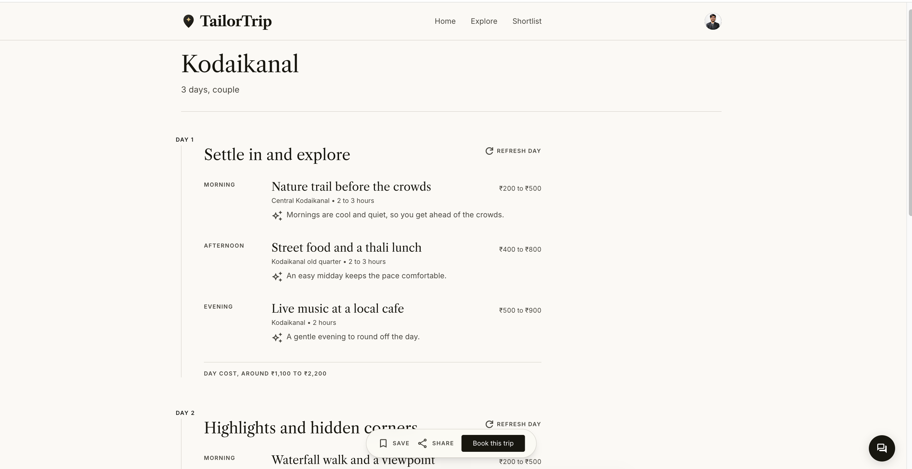 AI-generated day-by-day itinerary