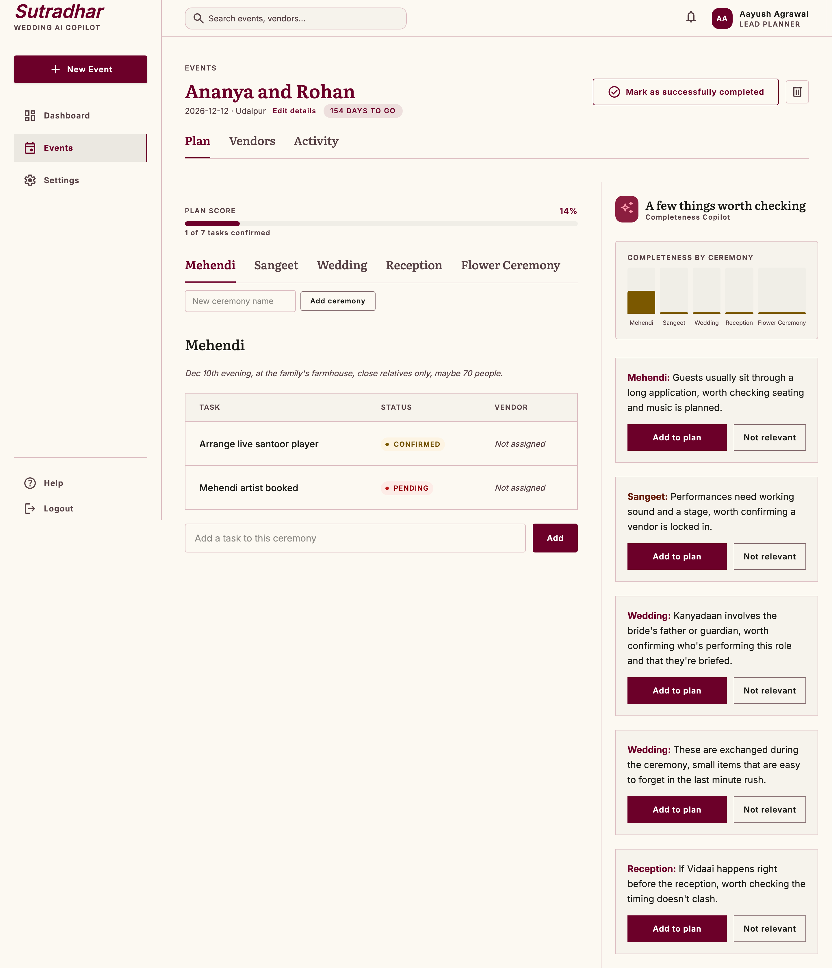 Structured event plan view