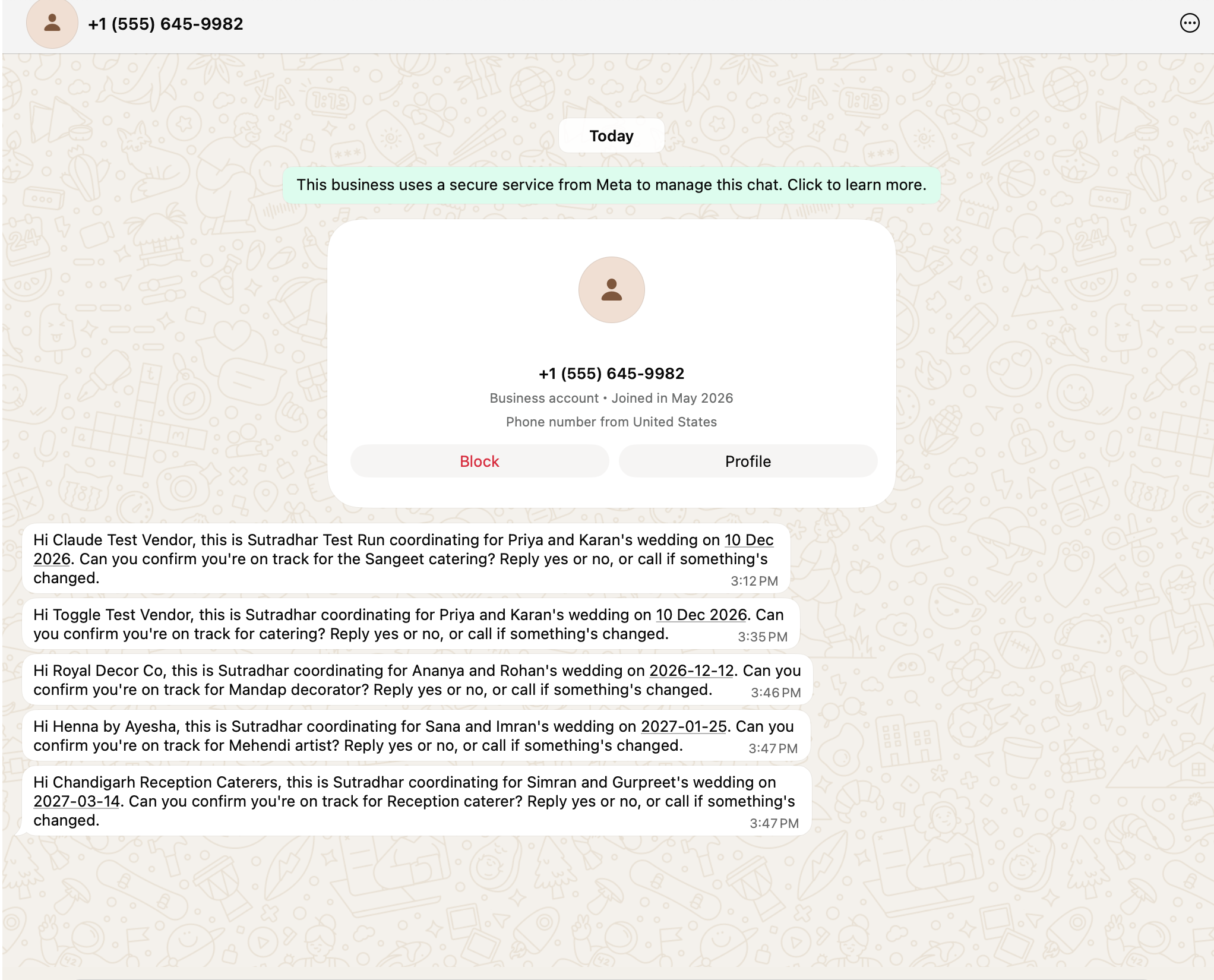 WhatsApp confirmation message sent through the Meta Cloud API